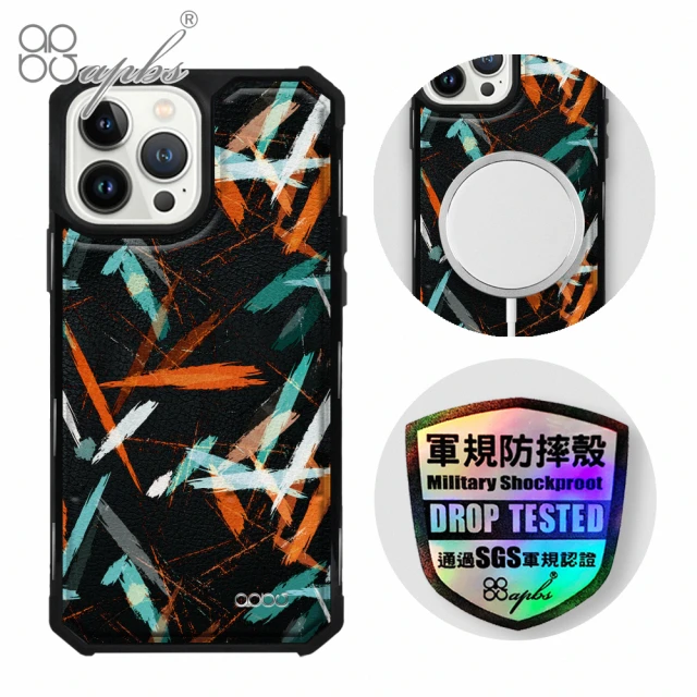 apbs iPhone 13 Pro Max / 13 Pro / 13 軍規防摔皮革磁吸手機殼(經典牛紋-科幻塗鴉-上光版-黑殼)