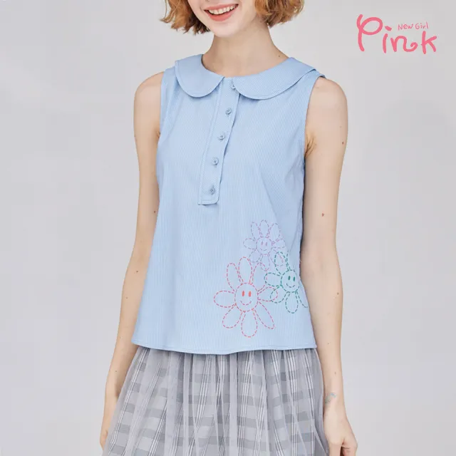 【PINK NEW GIRL】清甜微笑小米花圓領片無袖上衣 L1205AQ