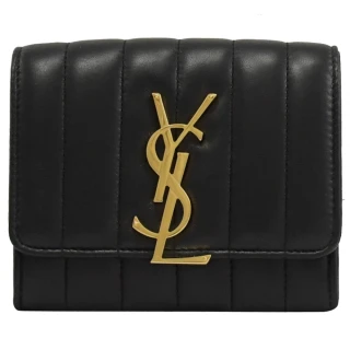 【YSL】金屬字母LOGO雙層翻蓋信用卡零錢包簡易短夾(黑)