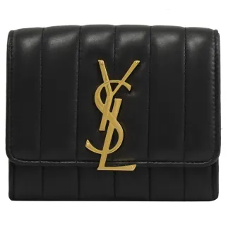 【YSL】金屬字母LOGO雙層翻蓋信用卡零錢包簡易短夾(黑)