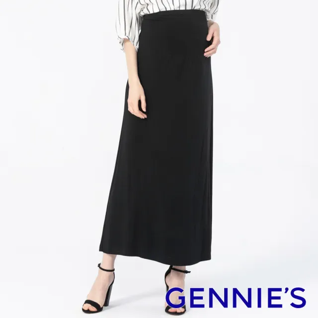 【Gennies 奇妮】文青風小圓長裙-黑(孕婦裙 小圓裙 一體成型 無痕褲頭)