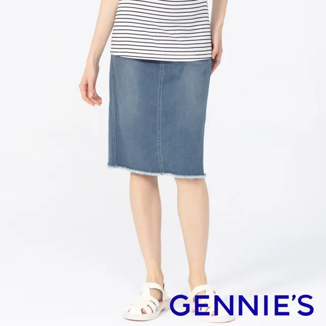 【Gennies 奇妮】彈力刷白牛仔裙-藍(孕婦裙 下擺不收邊 前後口袋 一體成型 無痕褲頭)