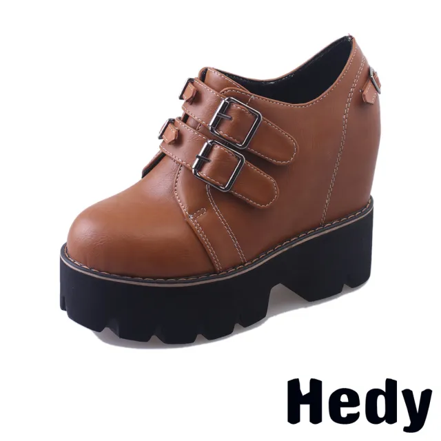 【Hedy】厚底粗跟鞋 內增高粗跟鞋/鬆糕厚底個性雙皮帶釦造型內增高粗跟鞋(棕)