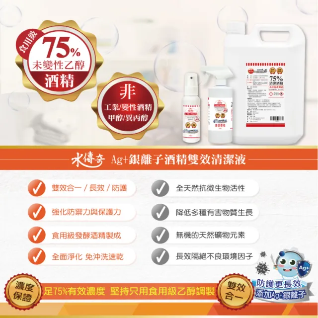【水傳奇】雙效75%食品級潔用酒精含Ag+銀離子4入組(100ml/入)