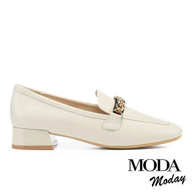 【MODA Luxury】韓系氣質鏈條全真皮方圓頭樂福低跟鞋(米白)