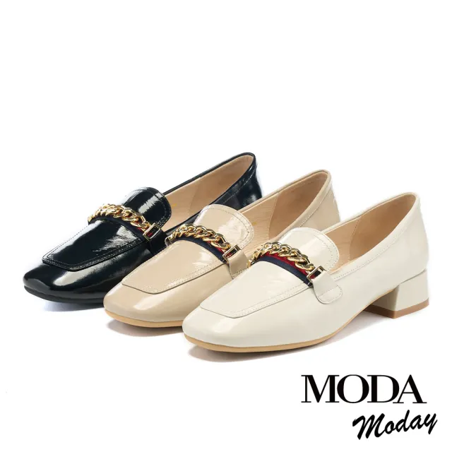 【MODA Luxury】韓系氣質鏈條全真皮方圓頭樂福低跟鞋(米白)