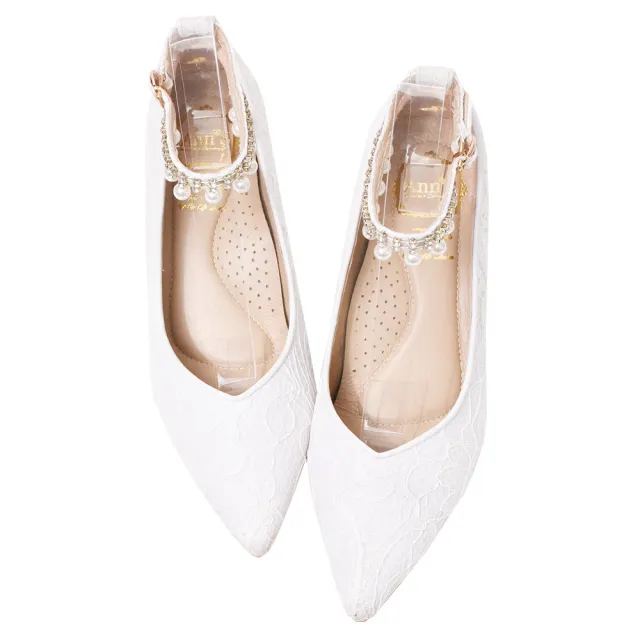 【Ann’S】珍珠美人魚-夢幻蕾絲繫帶低跟尖頭婚鞋5cm(白)