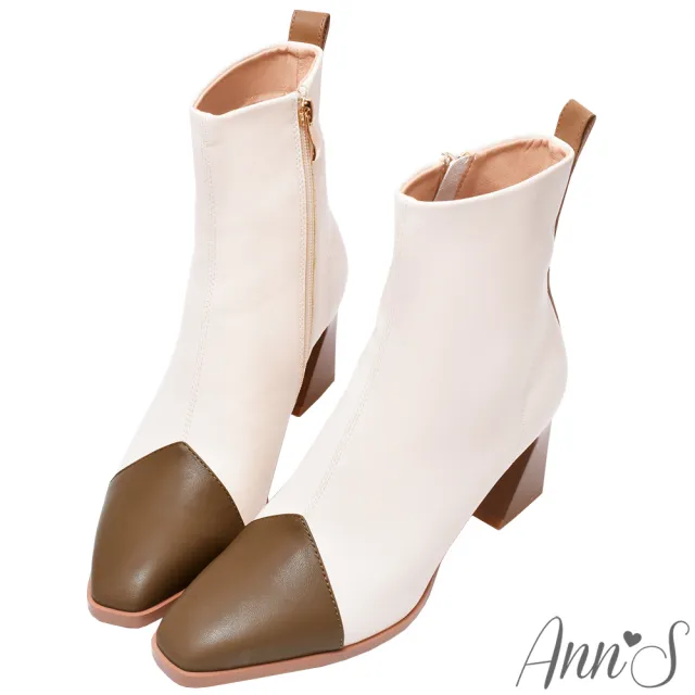 【Ann’S】高段位時尚-拼接色造型鞋根方頭短靴6.5cm-版型偏小(棕米)