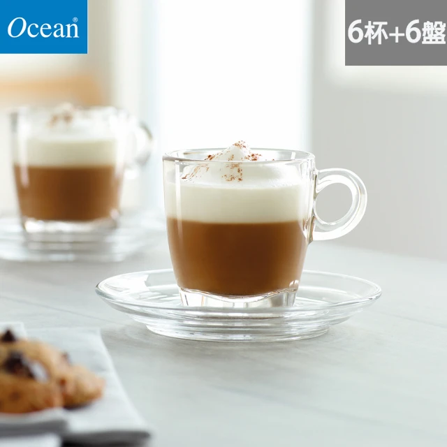 【Ocean】咖啡杯 贈盤子 210cc Caffe系列 6入組(咖啡杯 玻璃杯)