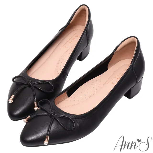 【Ann’S】日常氣質-珍珠蝴蝶結柔軟牛皮低跟尖頭鞋3cm(黑)