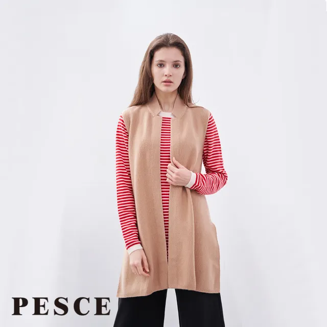 【PESCE】100%Cashmere喀什米爾無釦背心立領長版外套
