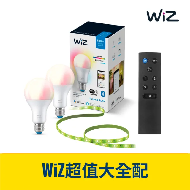 【Philips 飛利浦】Wi-Fi WiZ 智慧照明 全彩燈泡2入+2M燈帶+1M延伸+遙控器 超值大全配(PW04N)