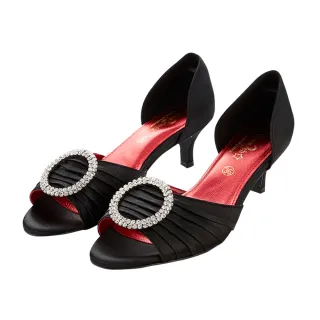 【MMHH】高級緞面材質 圓鑽 低跟涼鞋-黑色(顯瘦鞋、透氣、百搭)