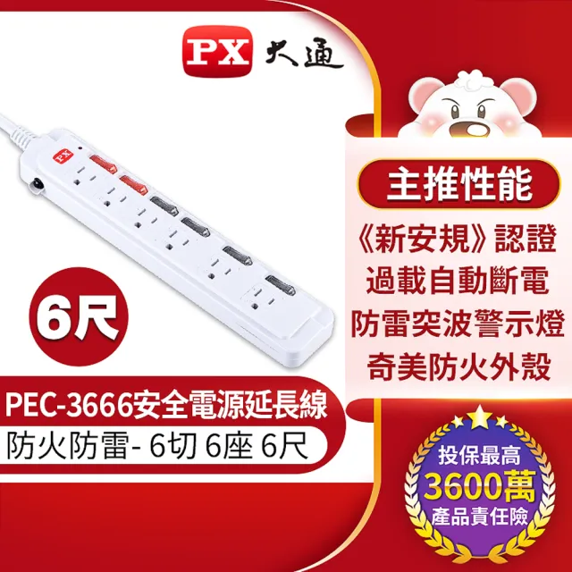 【PX大通-】2件優惠組3孔1開4插電源延長線3孔6開6插電源延長線1.8公尺防火防雷台灣製(PEC-3146和PEC-3666)