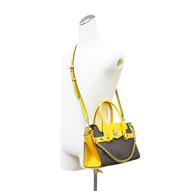【Michael Kors】MICHAEL KORS CARMEN金字LOGO PVC扣式手提斜背包(小/深咖啡x向日葵黃)