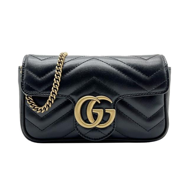 【GUCCI 古馳】Super Mini Marmont 仿舊金雙G牛皮釦式斜背包(476433-黑)