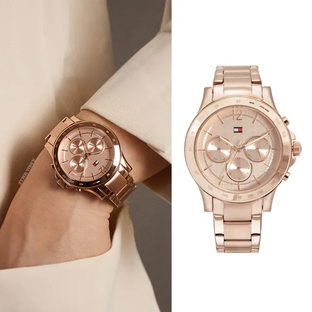 Tommy Hilfiger】玫瑰金色系三眼日期標示不鏽鋼錶帶過年/新年(1782197 