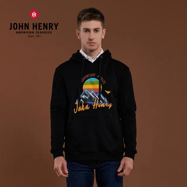 【JOHN HENRY】野營冒險刺繡純棉連帽T-黑色