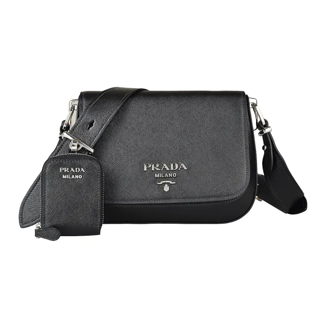 【PRADA 普拉達】PRADA SAFFIANO LUX銀字LOGO防刮牛皮磁釦式斜背包(黑)