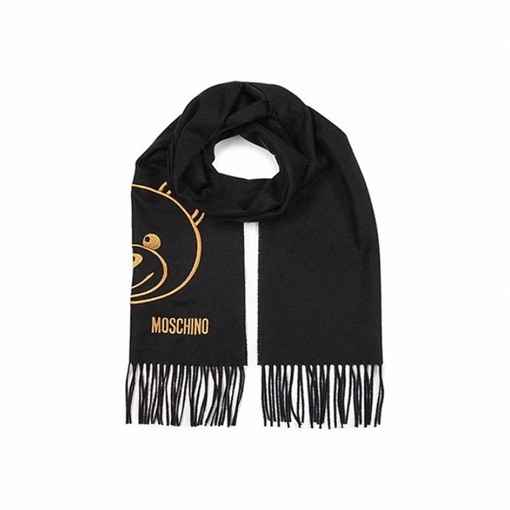 【MOSCHINO】莫斯奇諾 黃金泰迪熊刺繡流蘇圍巾 黑色(30627-M2094-16)