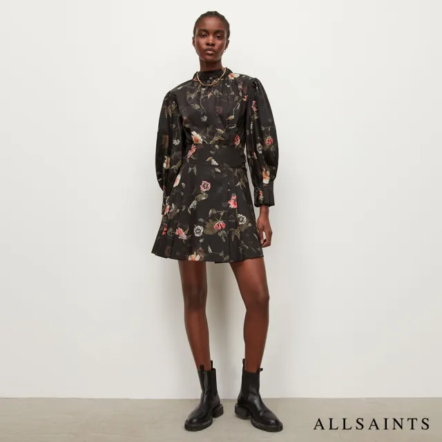 【ALLSAINTS】LUNA KANESHON 舒適純棉高領蓬鬆衣袖印花洋裝-粉(常規版型)