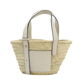 【LOEWE 羅威】Small Basket 小款 棕櫚葉拼小牛皮 托特包 編織包 草編包 原色/白色