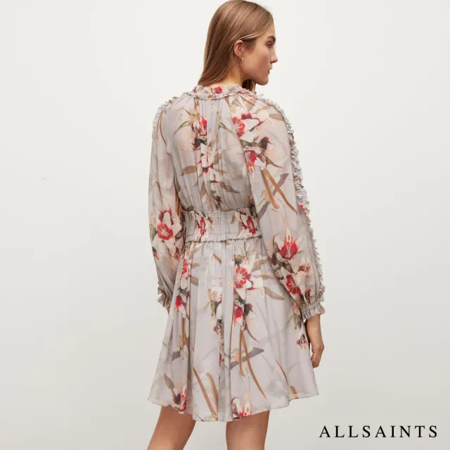 【ALLSAINTS】THALLO KUROYURII 人造絲縮腰皺褶印花洋裝-粉 WD236W(常規版型)