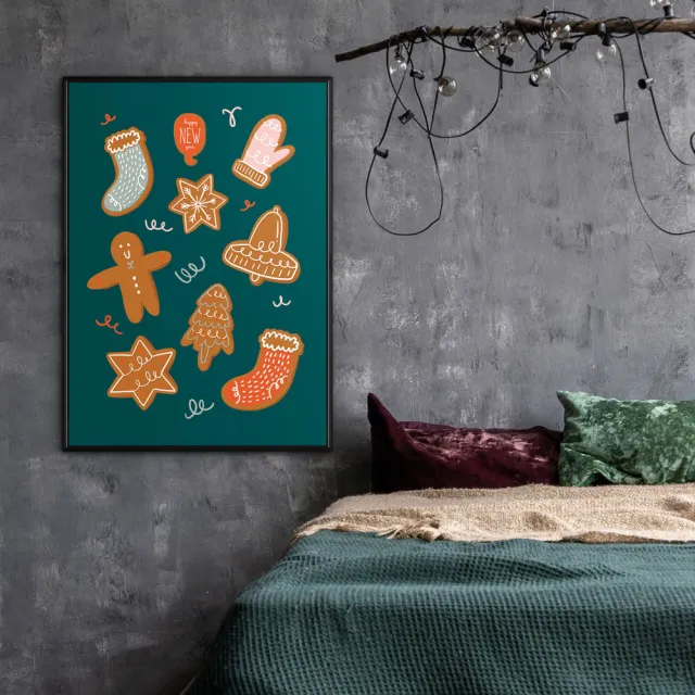 【菠蘿選畫所】聖誕賀卡－薑餅人-50x70cm(冬天/臥房掛畫/交換禮物/複製畫/民宿/北歐/空間/聖誕節掛畫)