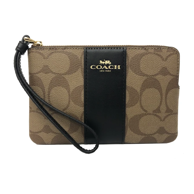 【COACH】C  LOGO直紋零錢包/手拿包(焦糖/黑)