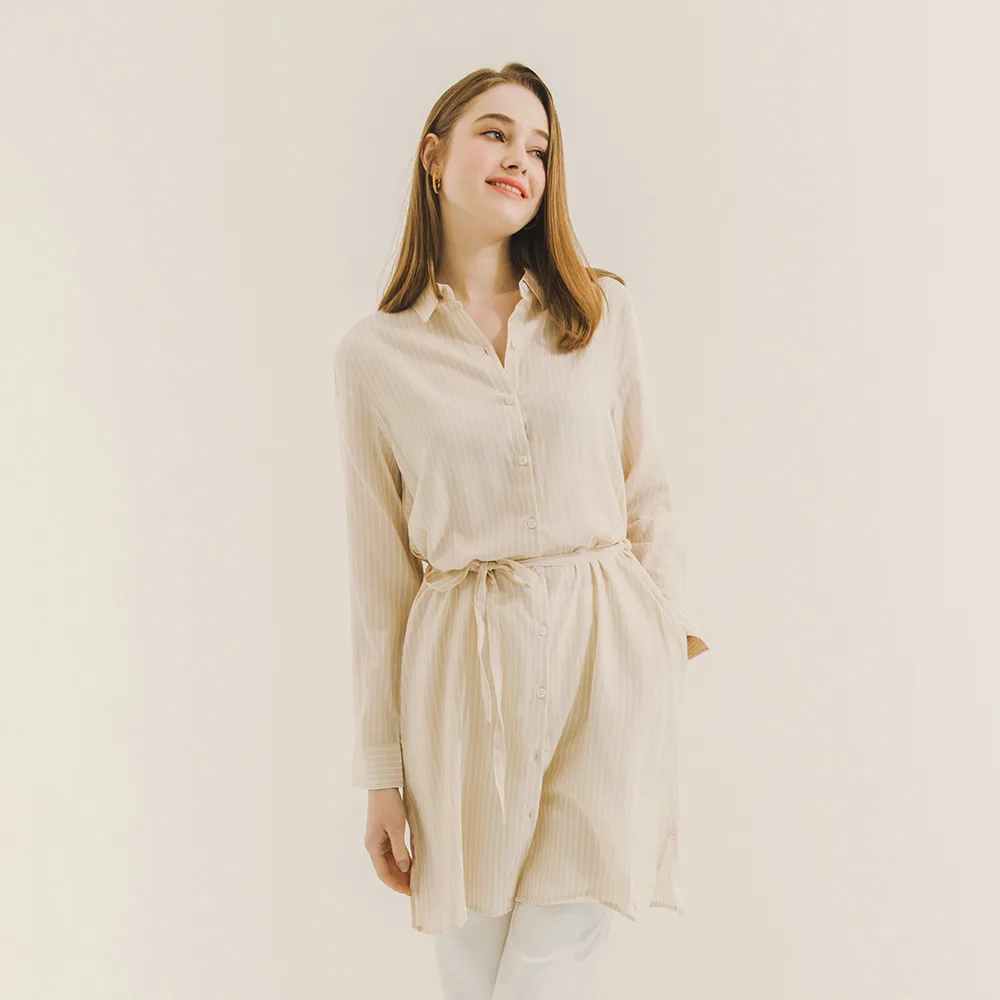 【Hang Ten】女裝-RELAXED FIT條紋長袖洋裝(卡其)
