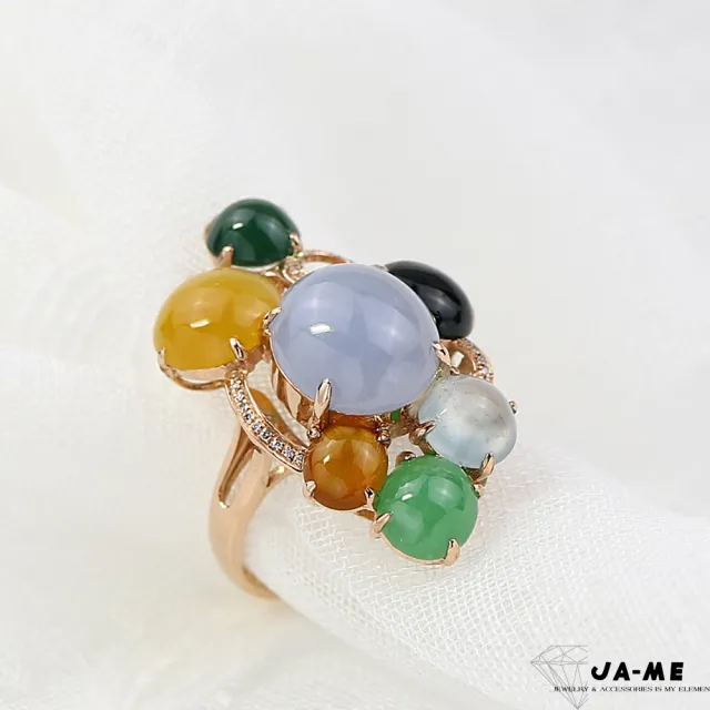 【JA-ME】天然A貨翡翠冰種多彩18K鑽石戒指國際圍12(母親節/送禮)