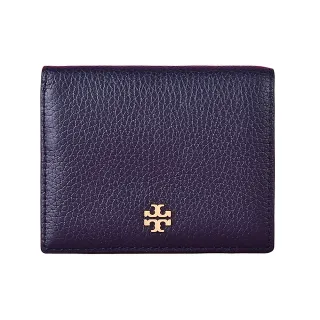 【TORY BURCH】TORY BURCH 雙T金字LOGO荔枝紋牛皮3卡壓扣式短夾(海軍藍x綠)