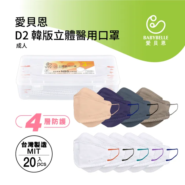 【BABYBELLE 愛貝恩】MIT成人TN95/D2韓版立體醫用口罩(20入-附精美收納盒)