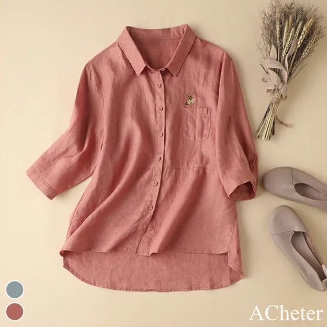 【ACheter】氣質純色刺繡花朵寬鬆棉麻七分袖襯衫上衣#111872現貨+預購(2色)
