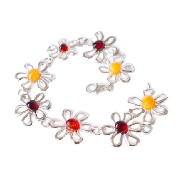 【Alamode】可愛花形琥珀銀手鍊 波蘭進口(銀手鍊 琥珀手鍊 花珀 琥珀)