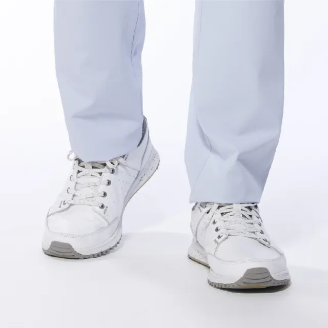 【Lynx Golf】男款日本進口布料拉鍊口袋設計後袋配布剪接平口休閒長褲(淺藍色)