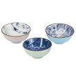 【YU Living 信歐傢居】日式釉彩藍雙色飯碗三件組 餐碗 湯碗(300ml/三件一組)