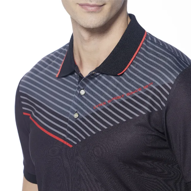【Lynx Golf】男款涼感舒適合身版Mesh透氣半身簡約線條短袖POLO衫/高爾夫球衫(黑色)