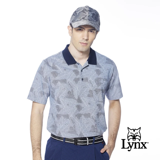 【Lynx Golf】男款吸排抗UV滿版樹葉圖樣胸袋款短袖POLO衫/高爾夫球衫(深藍色)