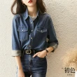 【初色】懷舊風復古翻領牛仔襯衫上衣女上衣-藍色-60654(M-XL可選)