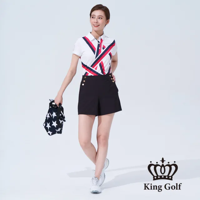 【KING GOLF】網路獨賣款-速達-女款撞色賽車條紋印圖刺繡短袖POLO衫(白色)