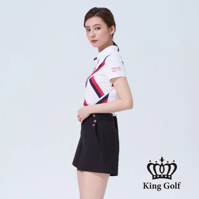 【KING GOLF】網路獨賣款-速達-女款撞色賽車條紋印圖刺繡短袖POLO衫(白色)