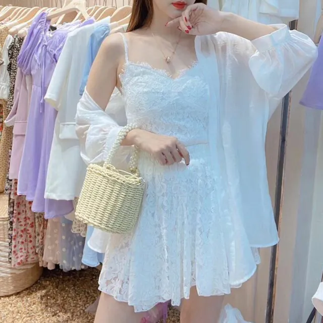 【BBHONEY】韓國重工設計珍珠水鑽裝飾三件式套裝防曬罩衫蕾絲吊帶褲裙(網美必備款)