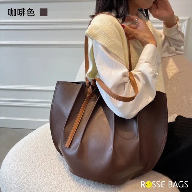 【Rosse Bags】韓版大容量單肩褶皺托特包(現+預  黑色／米色／卡其色／咖啡色)