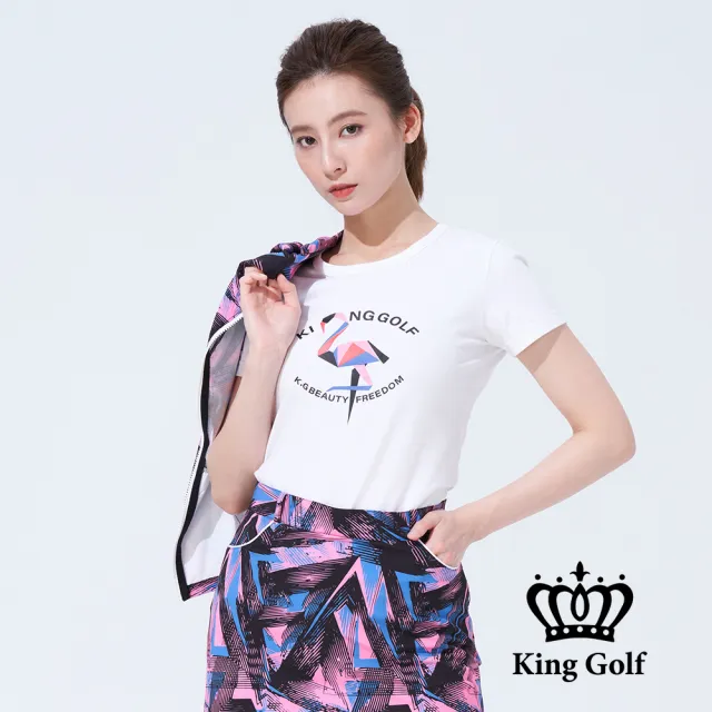 【KING GOLF】網路獨賣款-速達-女款趣味火鶴印圖造型上衣(白色)