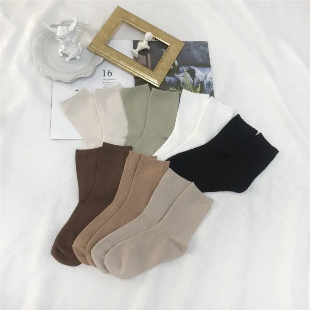 【HanVo】簡約小方格條素色堆堆襪 韓國潮流時尚百搭休閒襪(超值4件組 6074)