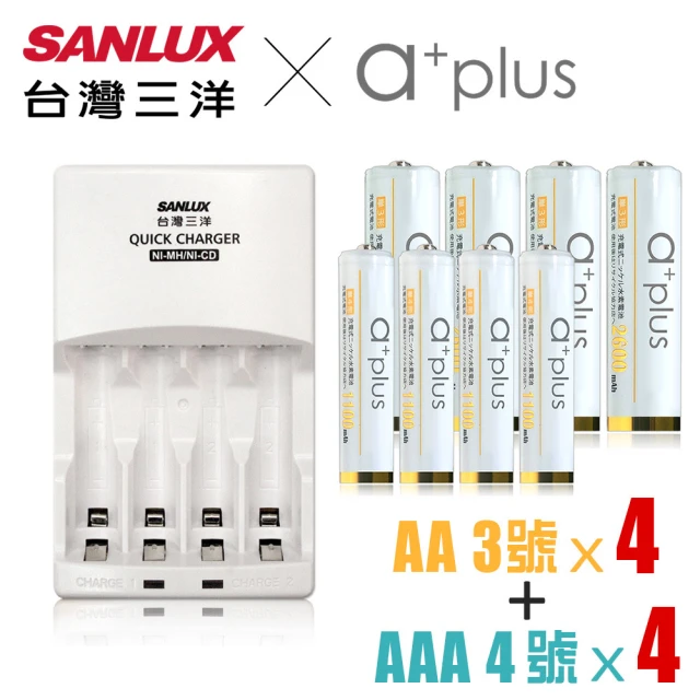 【SANLUX 台灣三洋】智慧型極速充電器+鎳氫充電電池 3號2600mAh 4入+4號1100mAh 4入(電池充電組-白金款)