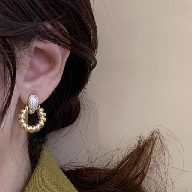 【Oni 歐妮】巴洛克金屬麻花鋯石 耳針穿式耳環耳釘耳骨環 耳飾925銀針(1對入)