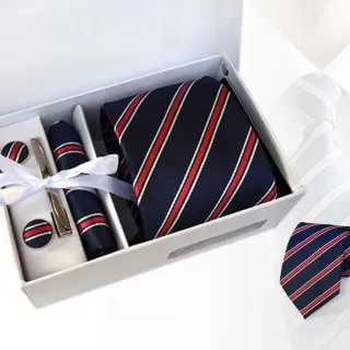 【THE GENTRY 紳】時尚紳士男性領帶六件禮盒套組-藍紅斜紋款(精美禮盒裝-送禮、禮物)
