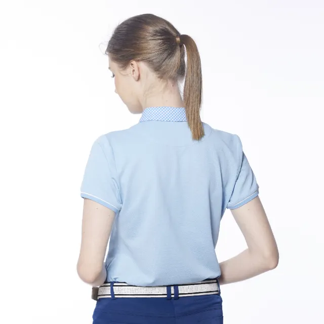 【Lynx Golf】女款吸濕排汗格紋領片門襟繡花設計短袖POLO衫(淺藍色)